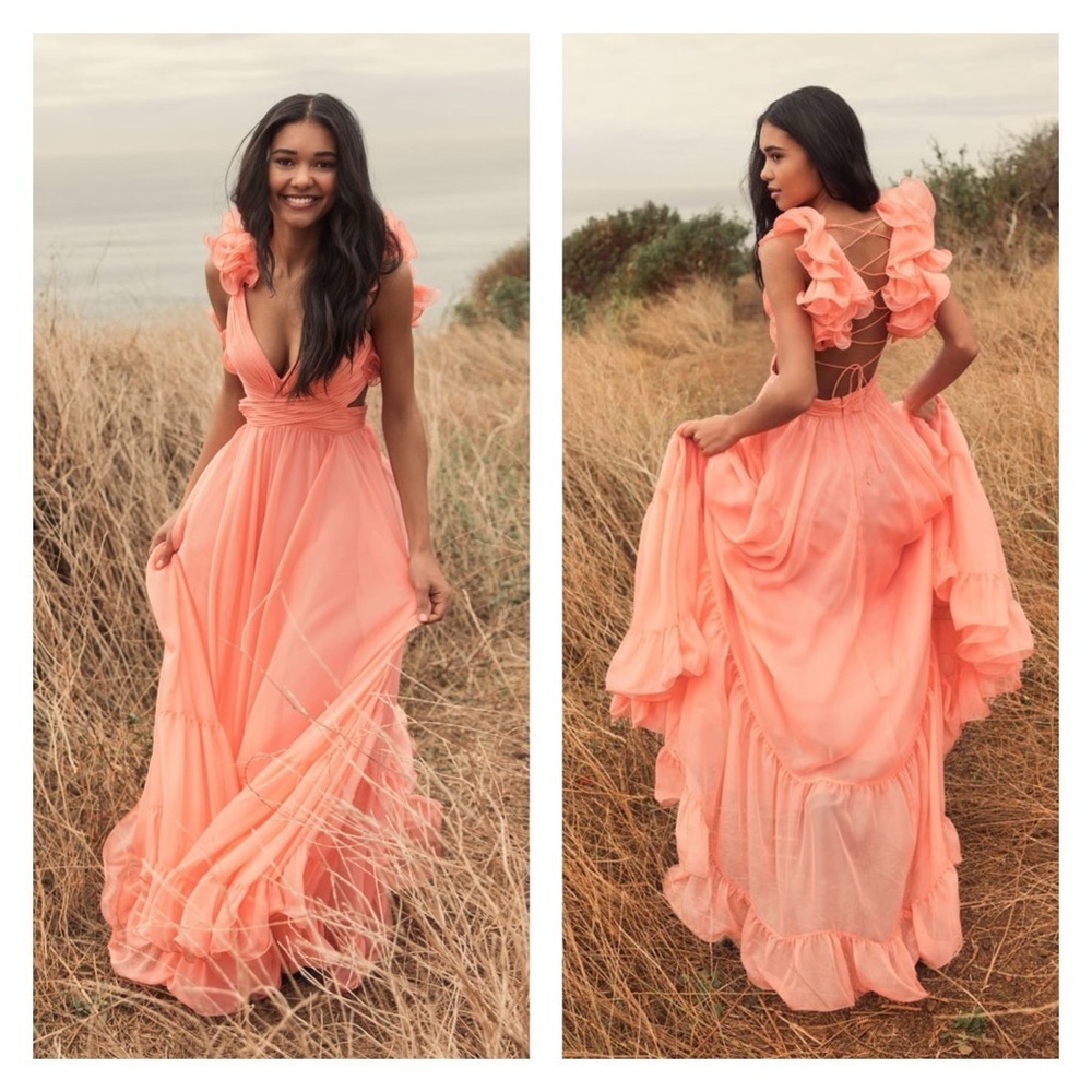 MAC DUGGAL 68094 dress coral peach pink 6 lace up ruffle tiered formal wedding